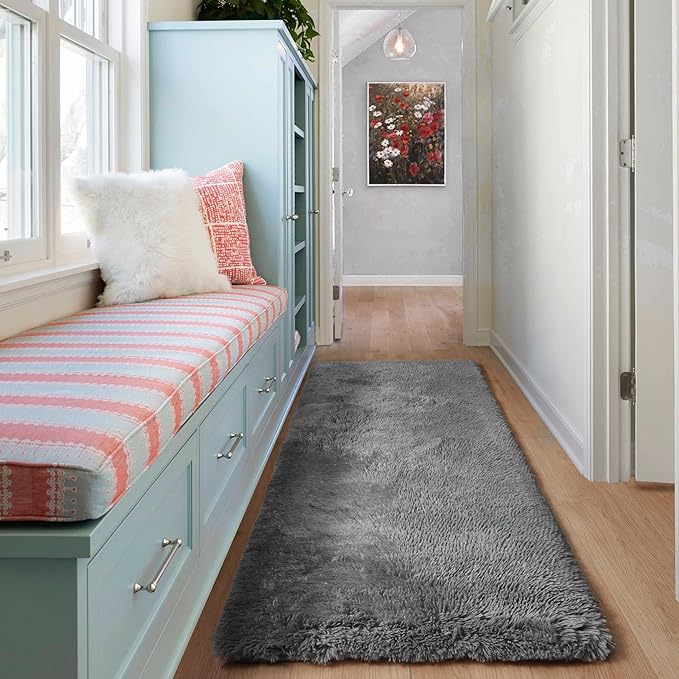 ONASAR 2x6 Grey Runner Rugs for Bedroom Living Room, Fluffy Bedside Hallway Throw Area Rug, Gray Ultra Soft Plush Furry Floor Carpet Mat for Nursery Kids Dorm Closet Home Decor Aesthetic