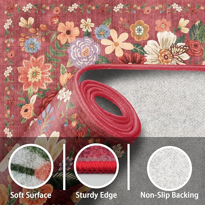 Rug for Hallways Kitchen Rug 3x7, Non Slip Washable Rugs with Rubber Backing Soft Floral Carpet Runner for Hallways, Kitchen, Laundry, Bedroom, Bathroom(3 x 7, Red Garden)