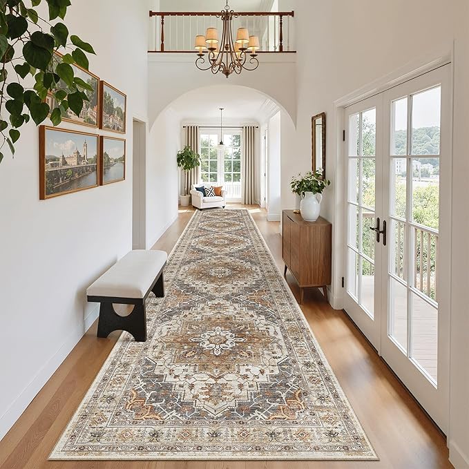 Madane Hallway Runner Rug 2'6''x14', Non Slip Vintage Runners for Hallways Washable Kitchen Rugs Soft Low Pile 2.5x14 ft Rug Runner for Laundry Room, Entryway and Bedroom, Turmeric/Grey