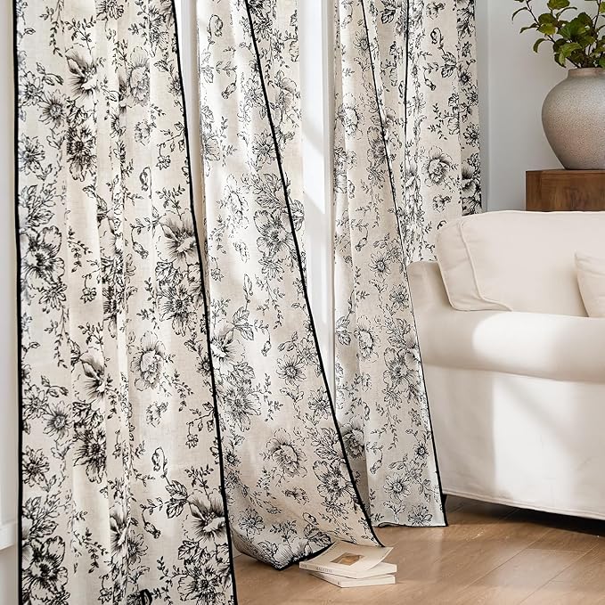 jinchan Linen Blend Floral Curtains French Country Curtain for Living Room 96 Inch Length Black Printed Curtain Rod Pocket Back Tab Farmhouse Peony Flower Patterned Drapes Window Curtains Set 2 Panels