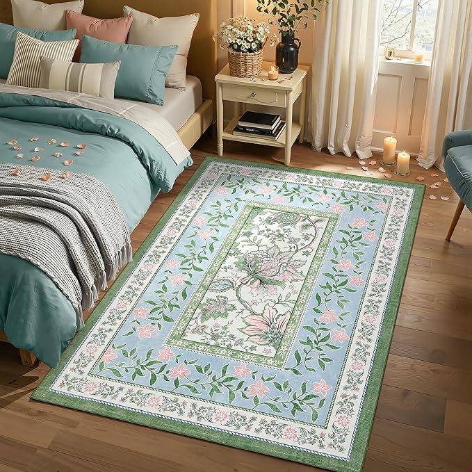 GarveeHome Blue Green Pink 8x10 Area Rugs for Living Room, Botanical Grove Cottagecore Washable Rug for Bedroom Dining Nursery Low-Pile Vintage Large Carpet