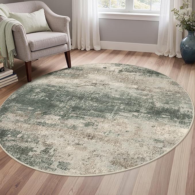 Round Rugs 5FT for Living Room Bedroom, Modern Abstract Machine Washable Circle Rug, Soft Low Pile Floor Cover with Non Slip Backing for Dining Room, Grey/Dark Green