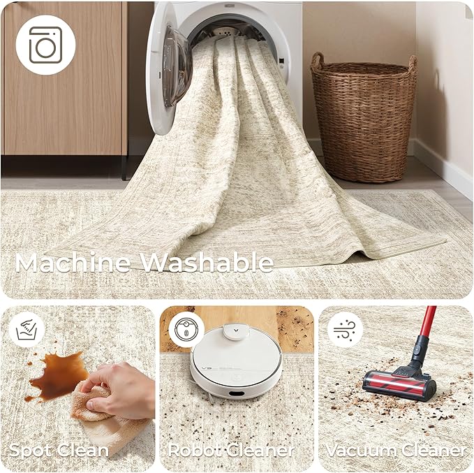 3x10 Runner Rug Non Slip Washable for Entryway, Vintage Hallway Runner for Front Porch, Laundry Room, Bedroom, Abstract Stain Resistant Thin Indoor Kitchen Mats for Floor(3'x10', Beige/Ivory)