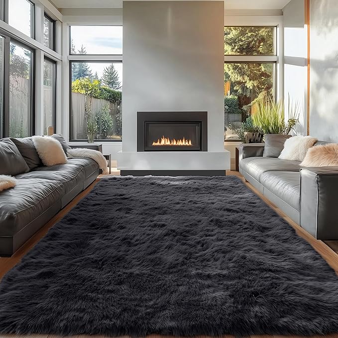 OLANLY 7x11 Machine Washable Large Area Rugs for Living Room, Bedroom, Soft Fluffy Shaggy Bedside Rug, Indoor Floor Carpet for Kids Girls and Boys, Dorms, Nursery, Home Decor Aesthetic, Black