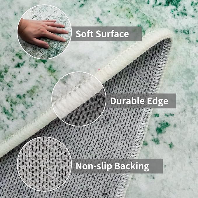 3x10 Washable Runner Rug for Hallway: Non Slip Runners Rugs Easy-to-Clean - Soft Living Room Bedroom Kitchen Carpet - Thin Low Pile Printed Floor Mat for Dining Room Green