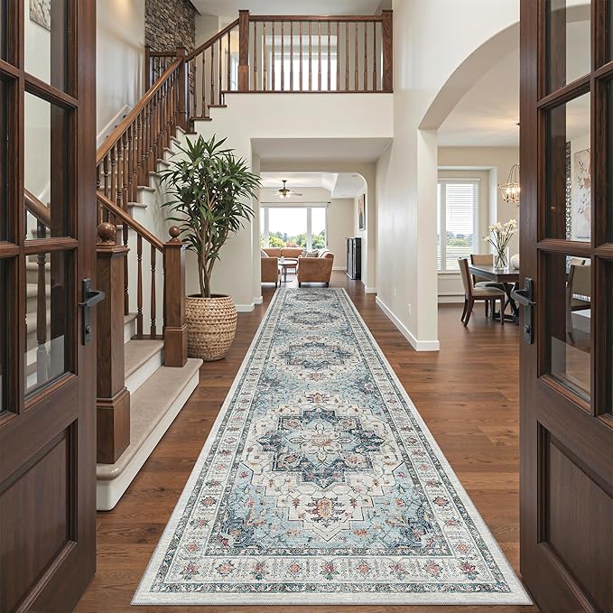 Madane Hallway Runner 3x14 - Runner Rugs 14ft Washable Entryway Rug Vintage Kitchen Runners Non Slip Indoor Area Rug Farmhouse Carpet Runner for Bathroom Living Room Bedroom, Blue