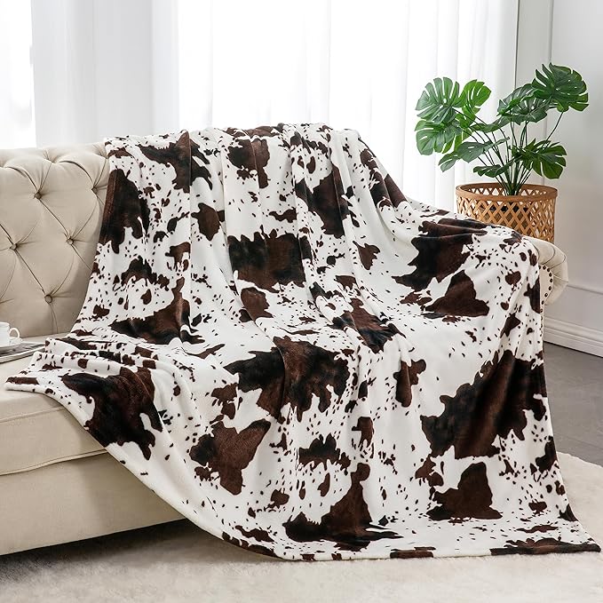 BEDELITE Cow Print Throw Blanket Twin Size for Couch & Bed, 300GSM Cute Plush Cozy Fuzzy Blanket 60x80 inches, Super Soft Warm Lightweight Throw Blanket for Travel Camping, Brown