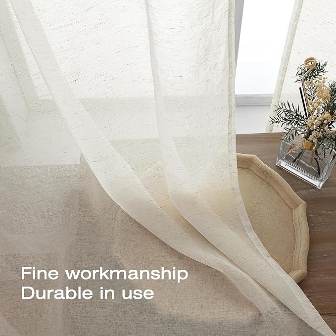 Simplebrand Natural Linen Textured Sheer Curtains 96 inches Long 2 Panels, Rod Pocket Solid Color Window Sheer Curtain Panels, Elegant Curtains & Drapes for Living Room, Bedroom (40" W x 96" L)