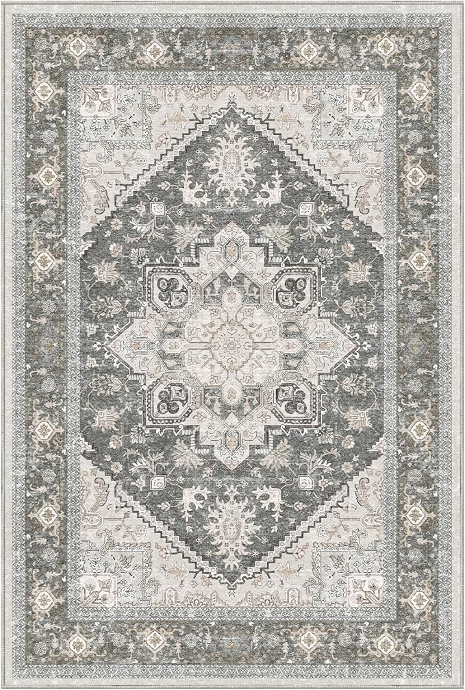 OPPODREAM Soft Area Rugs 5x7, 5x7 Washable Rug with Non Slip Backing, 5 x 7 Faux Cashmere Low-Pile Carpet, Greenish Grey