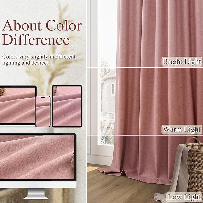 Guken 100% Blackout Curtains 102 Inch Length 2 Panels Set for Living Room Bedroom Back Tab Thermal Insulated Lack Out Linen Drapes Room Darkening Window Curtains 102 Inches Long, Ash Rose
