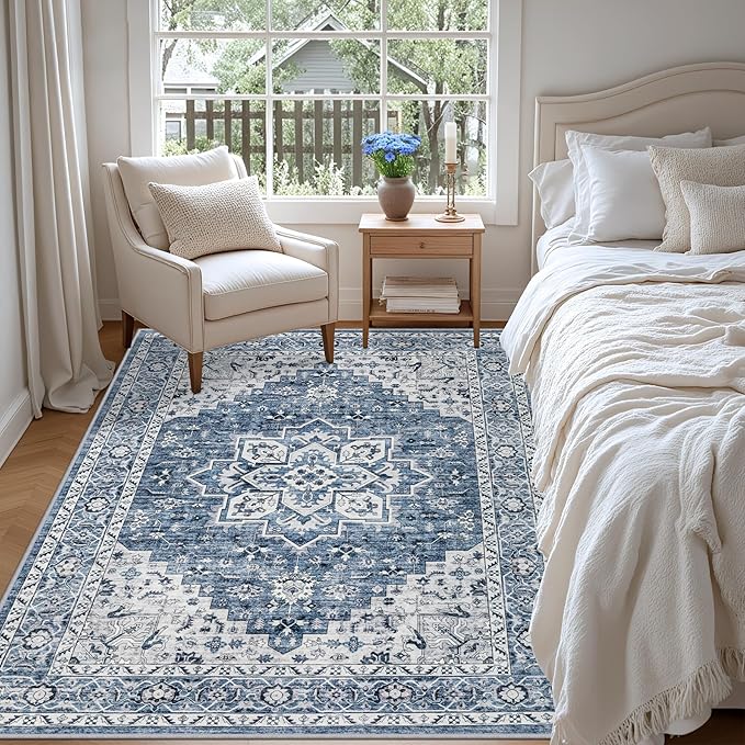 3x5 Area Rugs Living Room Rug: Washable Vintage Boho Medallion Rug No Slip Stain Resistant Soft Carpet Indoor Floor Large Carpets for Bedroom Dining Room Farmhouse Nursery Hallway Home Office Blue