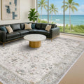Hazo Haus Boho Light Grey Living Room Rug 10x14 - Modern Vintage Eclectic Floral Pastel Neutral Taupe, Washable Low Pile Non-Slip Extra Large Area Rugs for Dining Under Table Bedroom Lounge