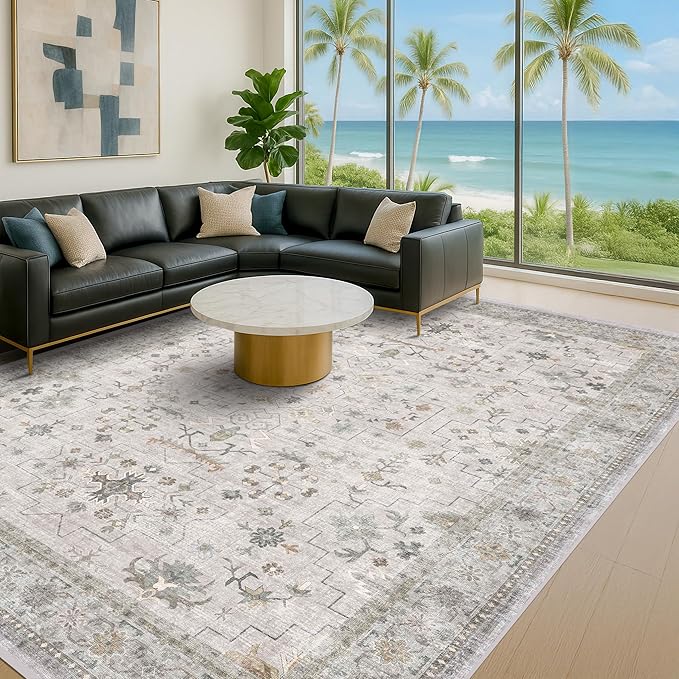 Hazo Haus Boho Light Grey Living Room Rug 9x12 - Modern Vintage Eclectic Floral Pastel Neutral Taupe, Washable Low Pile Non-Slip Extra Large Area Rugs for Dining Under Table Bedroom