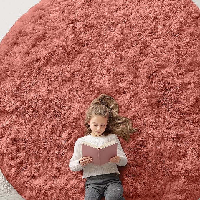 OLANLY Rust Red Round Rugs for Bedroom - Machine Washable, 9 ft Circle Area Rugs for Living Room, Soft and Fluffy Shaggy Carpet for Teen Girl and Boys, Nursery Rooms, Dorms, Home Decor Aesthetic