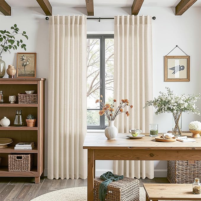 Cream Beige Linen 112 Inch Curtains for Living Room Light Filtering Semi Sheer Curtain Back Tab Modern Farmhouse Decor Elegant Coastal Drapes Floor to Ceiling High Window for Bedroom 52x112, 2 Panels