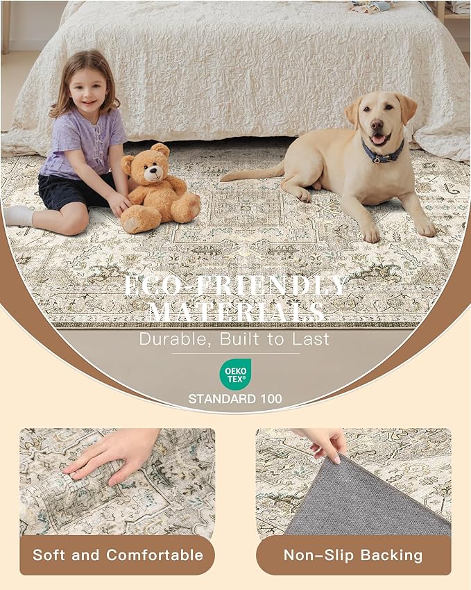 Madane Washable Area Rug 2x3, Small Entryway Rug Non-Slip Vintage Door Mat Indoor Entrance, Low Pile Floor Carpet for Inside Front Door Bedroom Kitchen Entry Laundry (2'x3', Ivory/Brown)