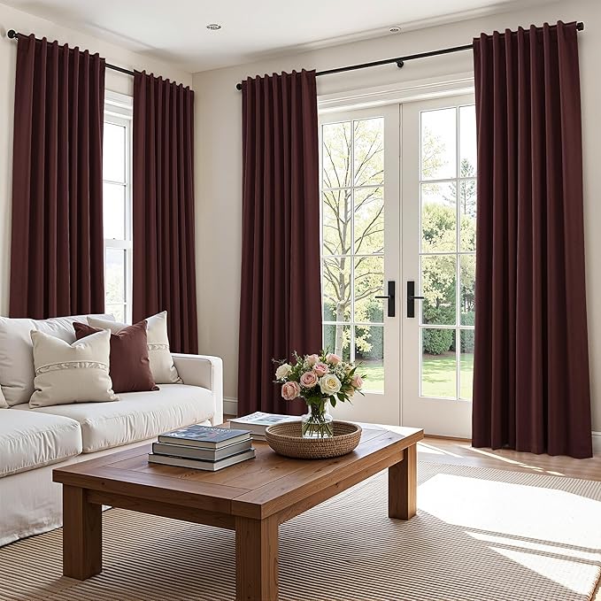 Guken 100% Blackout Curtains 108 Inch Length 2 Panels Set for Living Room Bedroom Back Tab Thermal Insulated Black Out Linen Drapes Room Darkening Reddish Brown,52x108