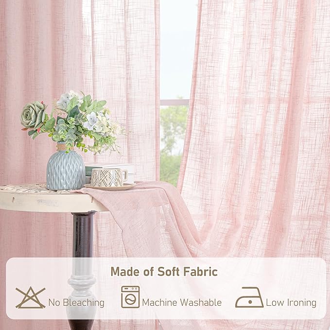 LAMIT 36 Inch Length Linen Curtains for Small Windows, Semi Sheer Light Filtering Panels Back Tab and Rod Pocket Country Decor Drapes for Basement/Kitchen, Pink, 2 Panels, 34 x 36 Inch