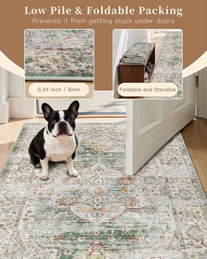 Madane Runner Rug 2x8, Washable Hallway Runner Rugs, Non-Slip Low-Pile Soft Kitchen Rug Runner Laundry Room Rug, Vintage Throw Entry Foyer Mat for Entrance Living Room (Green, 2 x 8)