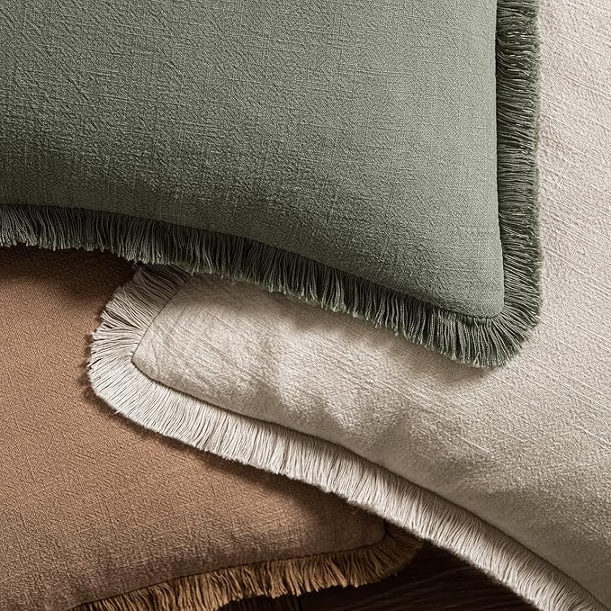 MIULEE Decorative Throw Pillow Covers Neutral Linen Fringe Throw Pillows Euro Shams Set of 2 Brown Boho Farmhouse Cushion Covers for Couch Sofa Bed Living Room Spring Home Decor 28x28 Inch