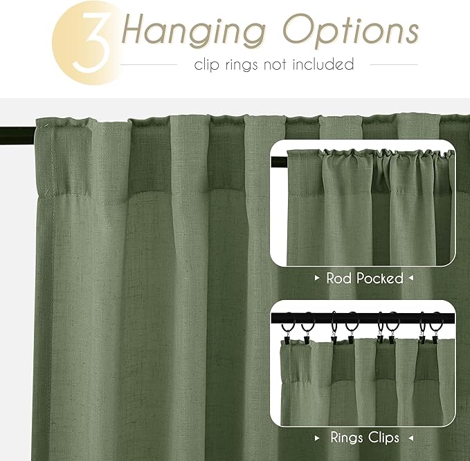 Olive Green Curtains 120 inch Length 2 Panels for Bedroom Back Tab Light Filtering Semi Sheer Drapes Linen Cotton Textured Airy Modern Farmhouse Living Room Sage Aesthetic Decor 52x120