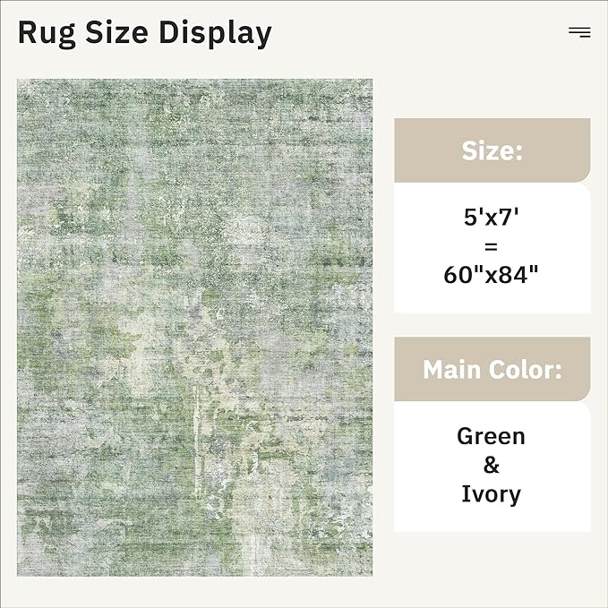 Abstract Rug 5x7 Machine Washable Area Indoor Green Low Pile Non-Slip Foldable Thin Accent Rugs for Bedroom Living Room Dining Room