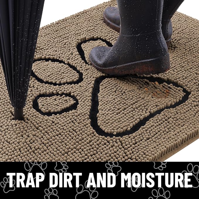 Smiry Dog Door Mat for Muddy Paws, Absorbent Dirt Trapper Non Slip Quick Dry Washable Chenille Mat for Mud Dogs, Entry Rug for Indoor and Outdoor (47x24 Inches, Camel and Black)