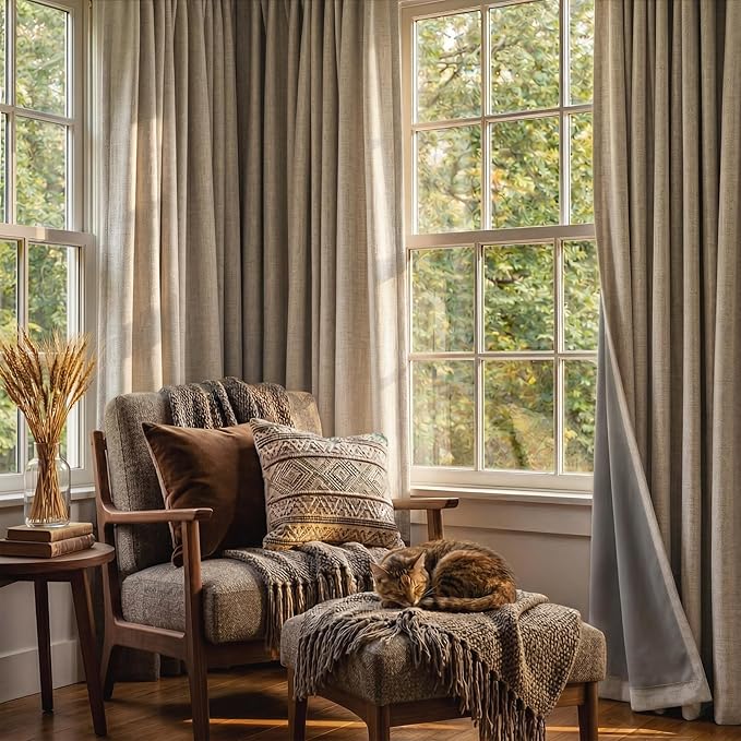 RYB HOME Polyester Textured 100% Blackout Curtains for Bedroom, Insulating Energy Saving Window Curtains for Living Room Dining Patio Sliding Glass Door, Wide 52 x Long 84 inch, Burlap, 2 Panels