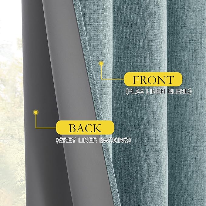 NICETOWN 100% Absolutely Blackout Linen Curtains with Thermal Insulated Liner, Skylark Blue, 62" Wide, 84" Length Energy Saving Curtains for Living Room 2 Panels Set, Vertical Blinds