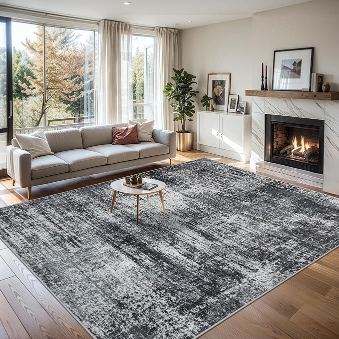 Area Rugs Living Room Rug - 4x6 Washable Modern Abstract Soft Neutral Non-Slip Carpet Large Indoor Floor Thin Carpets for Bedroom Dining Room Farmhouse Nursery Home Office Dark Black