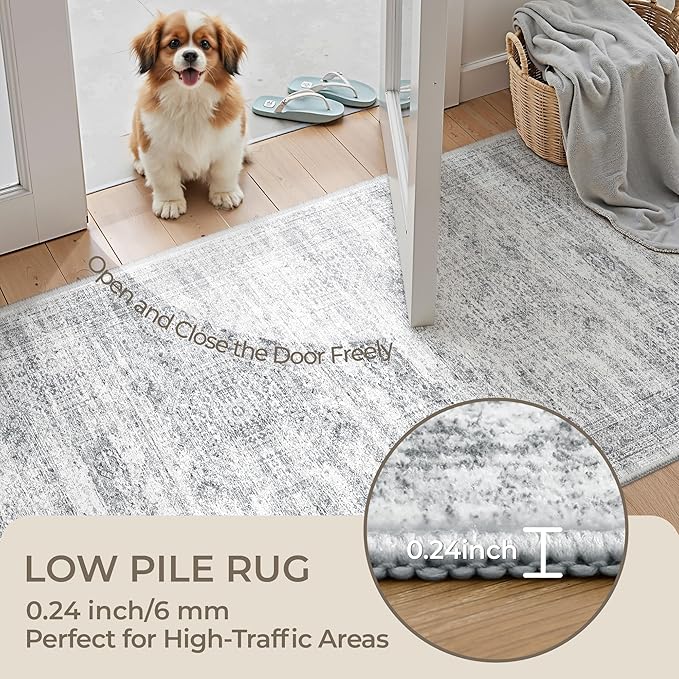 3x12 Runner Rug for Hallway, Non-Slip Long Bathroom Rugs Runner for Kitchen, Bedroom, Soft Vintage Abstract Washable Rug for Entryway, Thin Floor Mat for Dining Room(3'x12', Grey/Ivory)