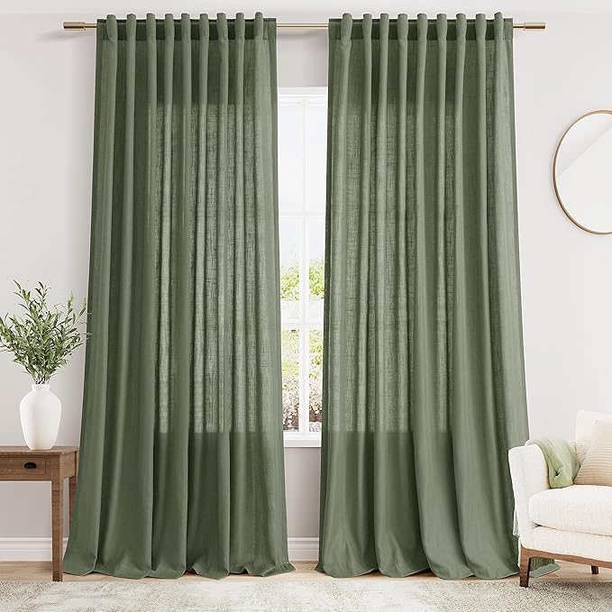 Nanspring 70 Inches Wide Olive Green Linen Curtains for Living Room 2 Panels Set 102 Inch Length Back Tab Light Filtering and Breathability Semi Sheer Curtain for Bedroom 70x102