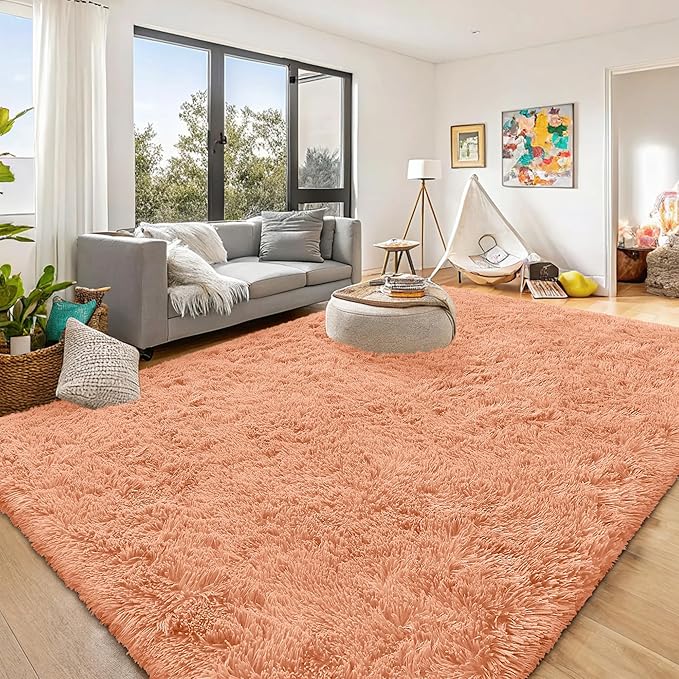 OLANLY 9x12 Machine Washable Large Area Rugs for Living Room, Bedroom, Soft Fluffy Shaggy Bedside Rug, Indoor Floor Carpet for Kids Girls and Boys, Dorms, Nursery, Home Decor, Muted Orange
