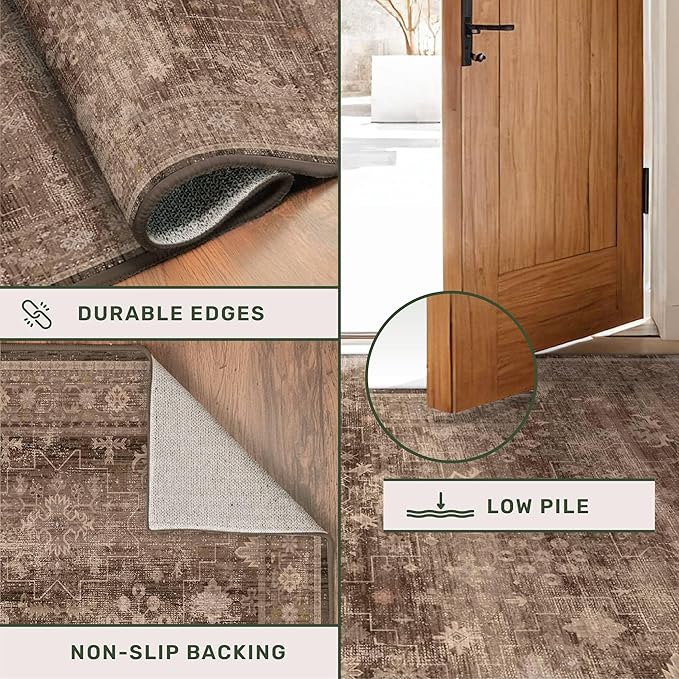 Brown Washable Long Runners for Hallways, 3x8 Wide Kitchen Runner Rug, Entryway Indoor Rug, Non Slip Rubber Backing Boho Vintage Dark Floor Decor