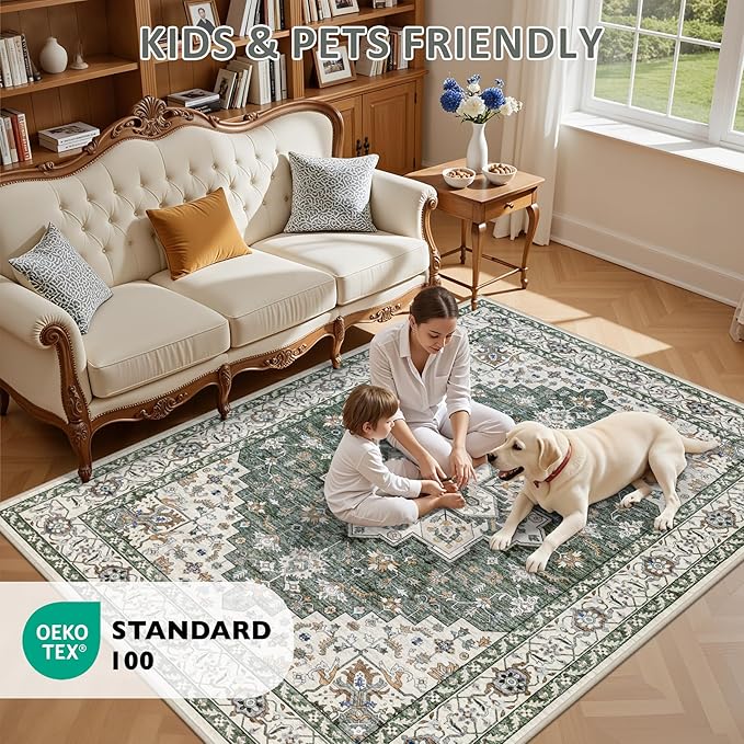 3x5 Area Rugs Living Room Rug: Washable Vintage Boho Medallion Rug No Slip Stain Resistant Soft Carpet Indoor Large Carpets for Bedroom Dining Room Farmhouse Nursery Hallway Home Office Green Ivory