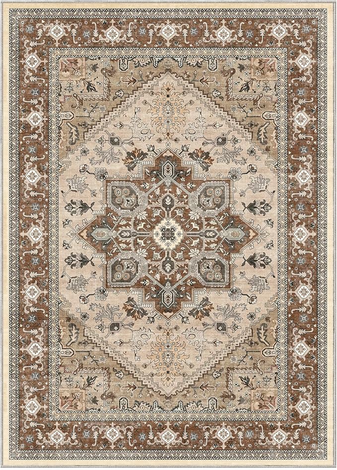 OPPODREAM Soft 10x14 Area Rugs, Washable Rugs 10x14 with Non Slip Backing, Low-Pile Faux Cashmere 10 x 14 Carpet, Brown