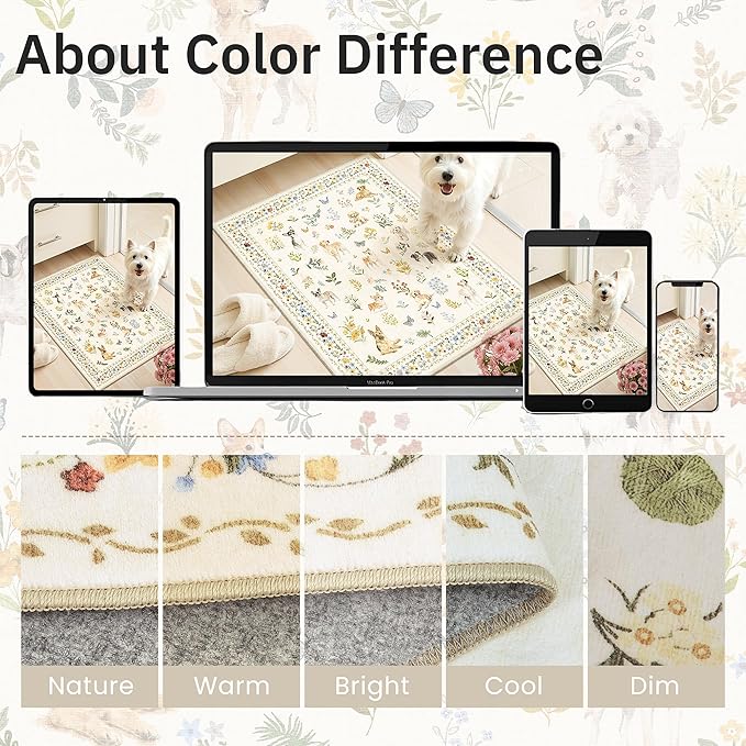 Dog 5x7 Area Rugs for Living Room, Machine Washable Animal Floral Vintage Rug Non-Slip Low Pile Soft Throw Rugs for Kitchen Dining Room Bedroom Nursery Playroom (5 x 7,Beige)