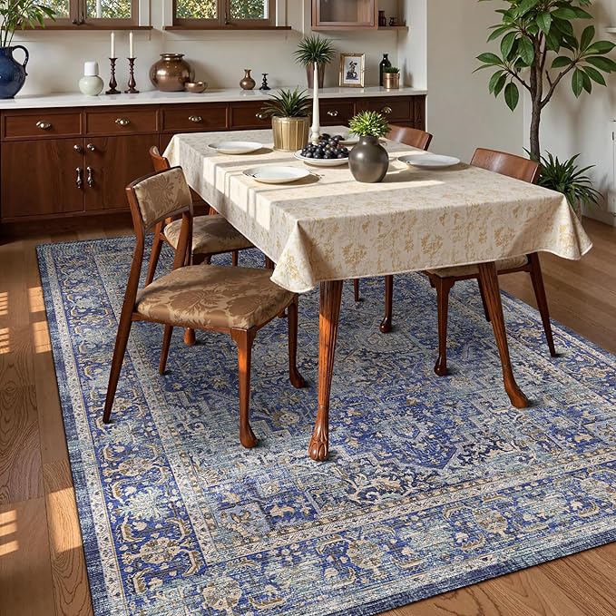 Washable Area Rug 8' x 10' Vintage Traditional Persian Mat - Foldable Distressed Non-Slip Machine Washable Carpet for Living Room Bedroom Kitchen Home Decor - Indigo and Gold