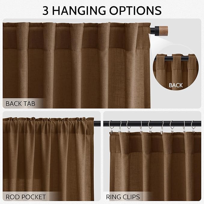 Tobacco Brown Linen Curtains 90 Inch Long for Bedroom Living Room Linen Textured Window Drapes Semi Sheer Light Filtering Rod Pocket Back Tab Cotton Textured Farmhouse Curtain 52x90,2 Panels