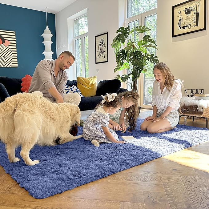 OLANLY 8x10 Machine Washable Large Area Rugs for Living Room, Bedroom, Soft Fluffy Shaggy Bedside Rug, Indoor Floor Carpet for Kids Girls and Boys, Dorms, Nursery, Home Decor Aesthetic, Denim Blue