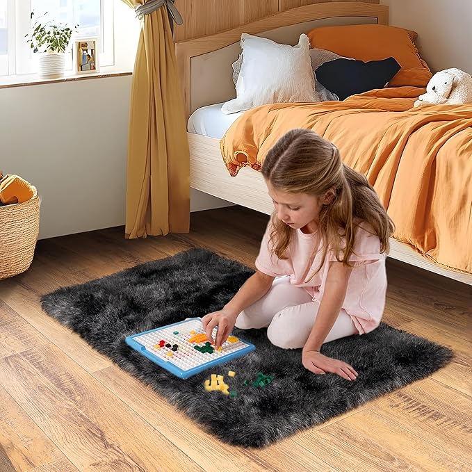 Small Area Rug, 2x3 Rug for Bedroom Shaggy Throw Rugs for Dorm Rug, Soft Tie Dyed Carpet for Kids Room, Plush Comfy Fluffy Bedside Rug for Home Decor Aesthetic, Dark Grey