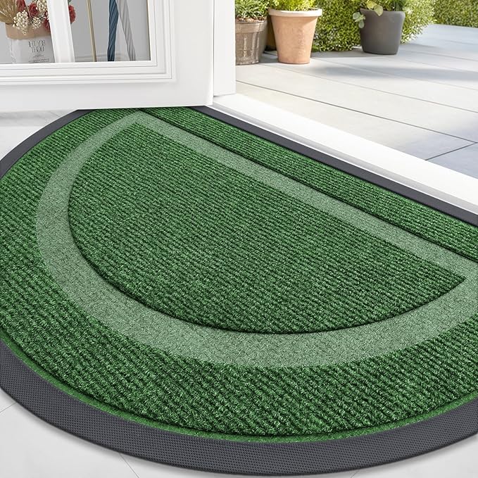 OLANLY Half Circle Door Mat Indoor Outdoor Entrance Welcome, Waterproof All-Season, All-Weather Doormat, Sturdy Natural Rubber, Low Profile, Easy Clean Patio Porch Entryway Mat, 33x21, Green