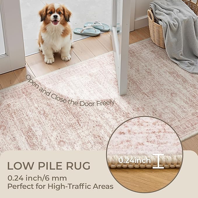 Washable Runner Rugs for Bedroom - 2x6 Runner Rug Non Slip, Ultra-Thin Entryway Runner, Soft Abstract Kitchen Runner for Hallway, Laundry, Bathroom, Indoor Door Mat(2'x6', Pink/Ivory)