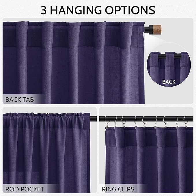 Nanspring Purple Linen Curtains 84 Inches Long, Back Tab Light Filtering Semi Sheer Privacy Drapes for Living Room & Bedroom Simple Style, 52x84 inch, 2 Panels