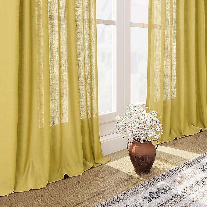 Nanspring Celery Yellow Linen Curtains 90 Inches Long 2 Panel Set Back Tab Rod Pocket Light Weight Semi Sheer Neutral Farmhouse Decor for Living Room and Bedroom 52x90