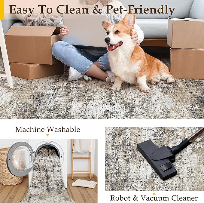 PureCozy 4x6 Abstract Area Rug Brown Washable Modern Neutral Office Carpet Non Slip Ultra Soft Indoor Entry Low Pile Small Door Mat Bedroom Contemporary Throw Rug for Kitchen Laundry Dinging Room