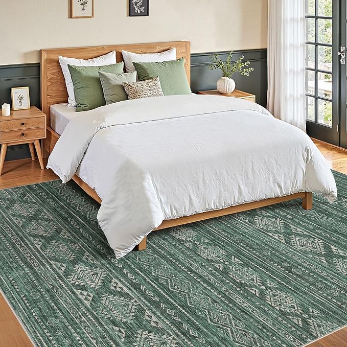 Nakagishi Area Rugs 9x12 Living Room: Washable Boho Large Neutral Modern Soft Farmhouse Green Rug Stain Resistant Indoor Floor Non-Slip Carpet for Women Home Enthusiasts Aged 25-45 - Bedroom Room