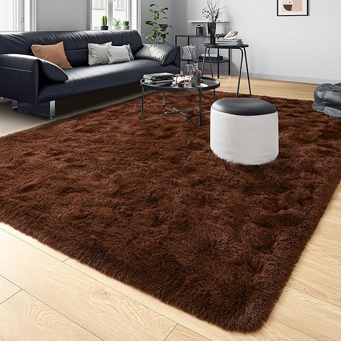Tepook Super Soft Fluffy Rug for Bedroom, Modern Shaggy Fuzzy Kids Rugs for Living Room, Plush Indoor Nursery Home Decor Dorm Carpet with Non-Slip Bottom, Brown, 4 X 6 Feet