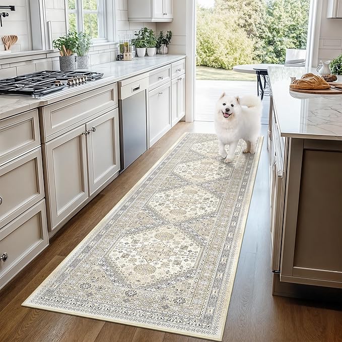 Carpet Runners for Hallway 12ft, Non-Slip Long Bathroom Rugs Runner for Kitchen, Living Room, Bedroom, Soft Vintage Washable Rug for Entryway, Thin Floor Mat for Dining Room(Beige,2.5'x12')