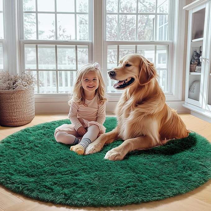 ONASAR Dark Green Round Area Rugs 6ft, Ultra Soft Bedroom Circle Rug for Kids Girls Teen Room, Furry Plush Shaggy Carpet Floor Mat for Baby Nursery Living Room Playroom Dorm Home Decor